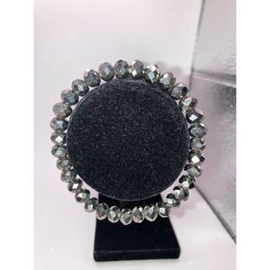 Silver-Tone Shiny Hexagon Beaded Stretchy 3 5/8 Inch Around Bracelet!